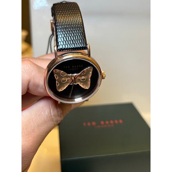 Ted Baker Phylipa Ladies Black Lizard Leather Strap Watch/Rose Gold Bow-Tie - Picture 15 of 16